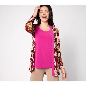 Susan Graver Petite Printed Liquid Knit HiLow Cardigan Solid Tank Set Size M NEW